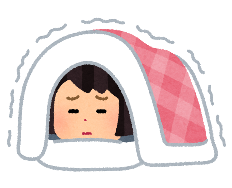 寒くて布団から出られない人のイラスト