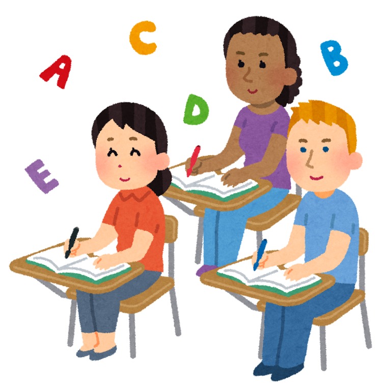 教室で勉強する留学生たちのイラスト