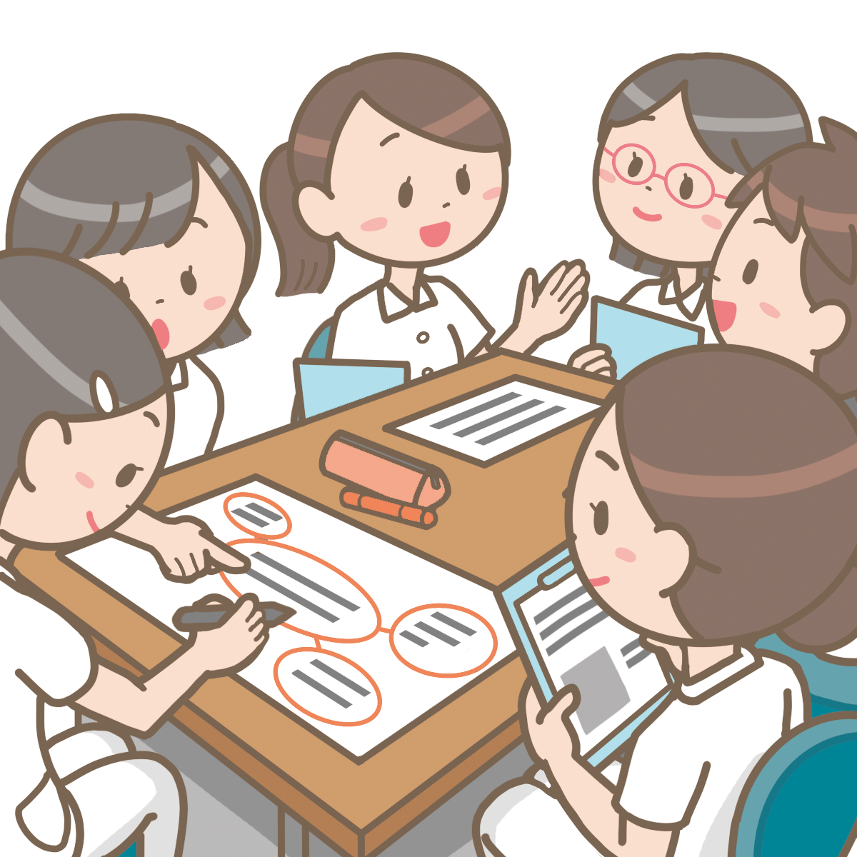 病棟で相談する医療スタッフのイラスト