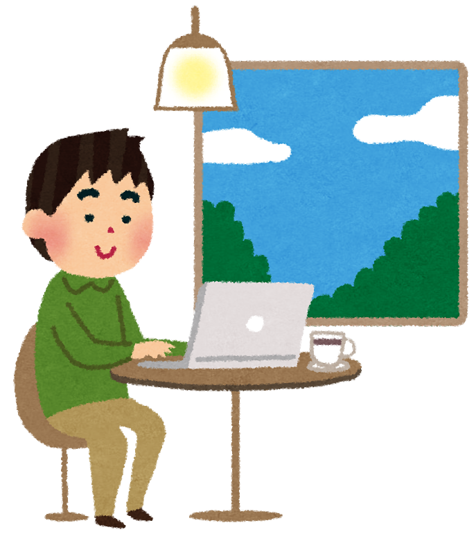 カフェでノートパソコンを開いて勉強する人のイラスト