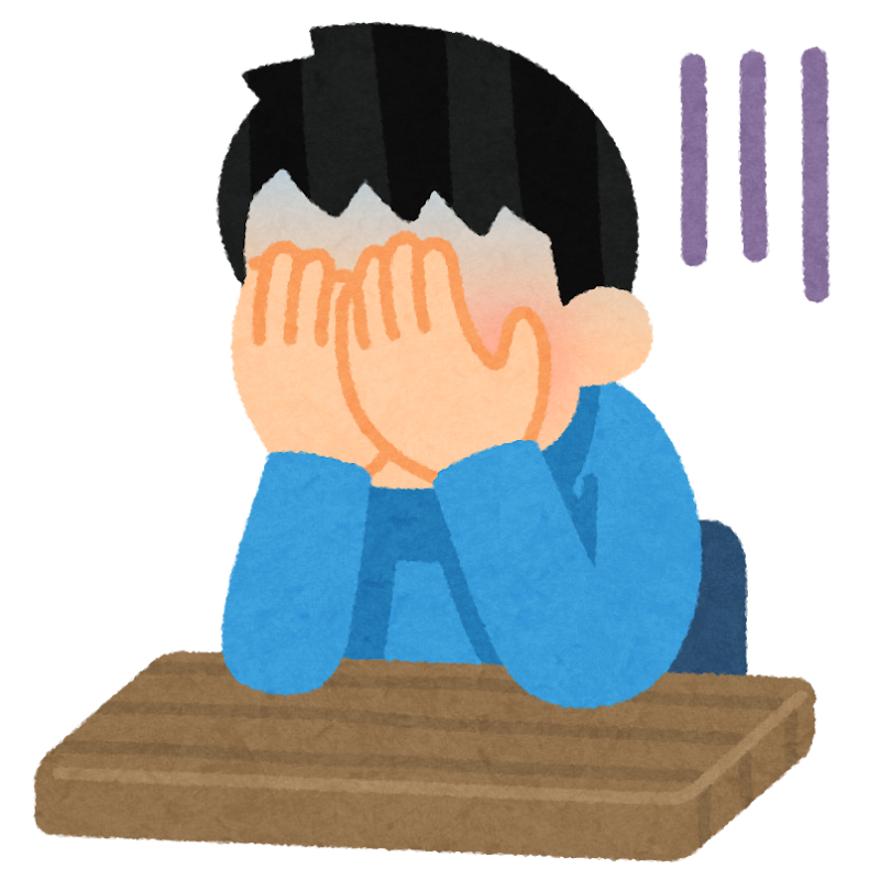 積み上がったカードを前に落ち込む学生のイラスト