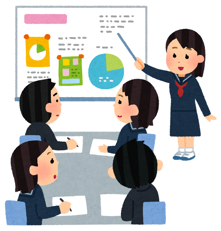 図を使って説明する学生のイラスト