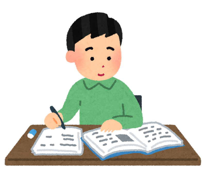 机で勉強している大学生のイラスト