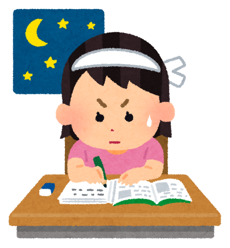 夜に勉強している学生のイラスト