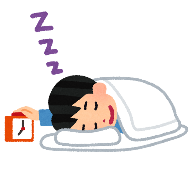 目覚まし時計で起きる人のイラスト
