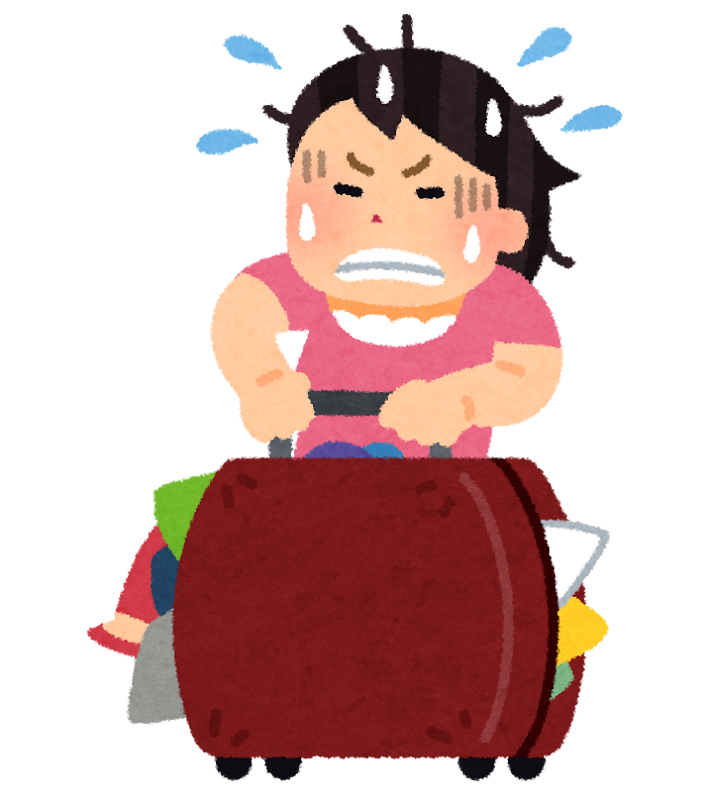 詰め込みすぎたスーツケースを閉めようとしている人のイラスト