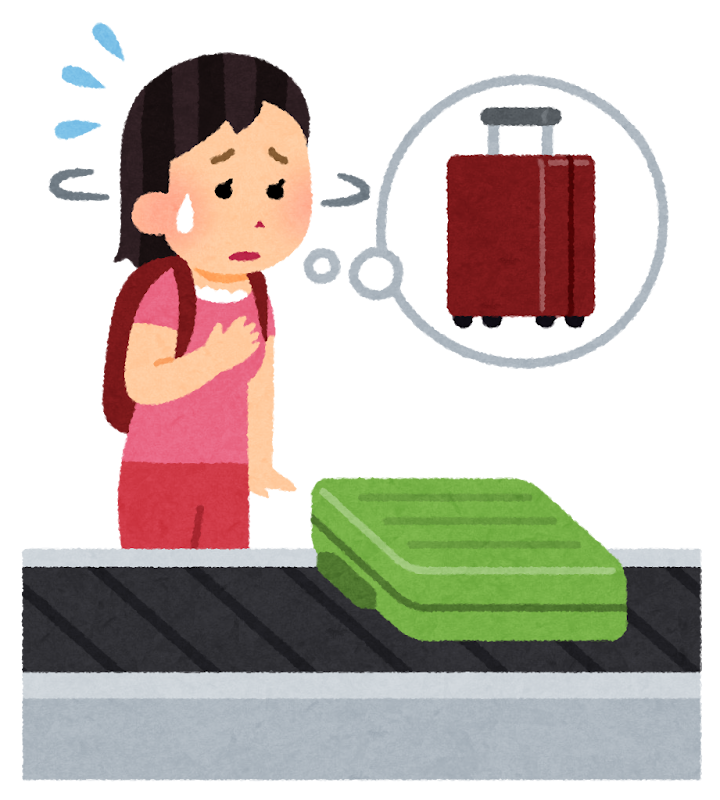 空港で自分のスーツケースが出てこず困っている人のイラスト