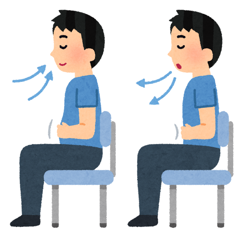 椅子に座って腹式呼吸をする人のイラスト
